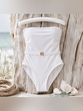 Michael Kors White Belted Bandeau Swimsuit Size 14 NWT